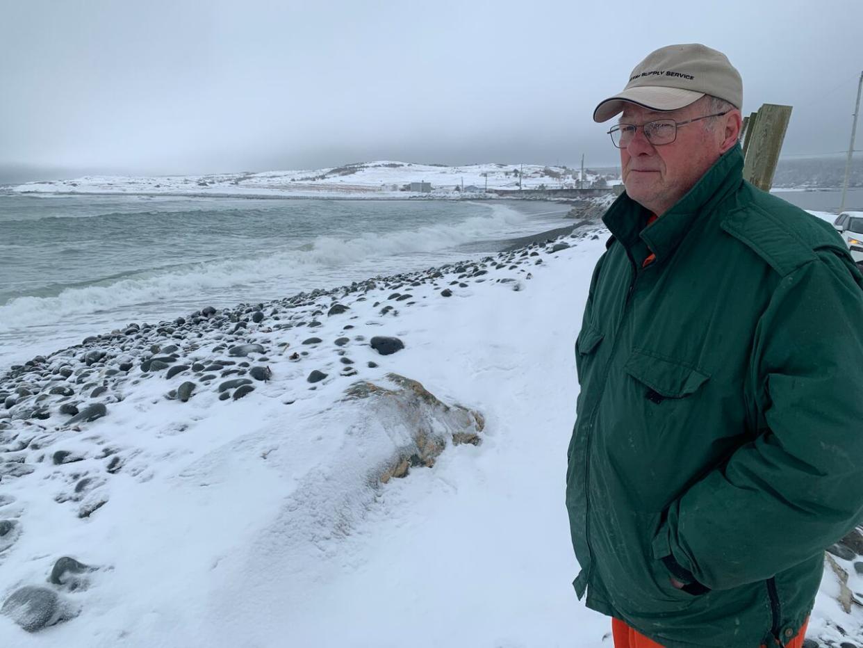 Trepassey Coun. Collin Chaytor  says that creating a breakwater strong enough to withstand the ocean's waves will be a costly challenge that the town's residents shouldn't have to bear. He is standing next to a temporary wooden wall where the breakwater stood. (Todd O'Brien/CBC - image credit)