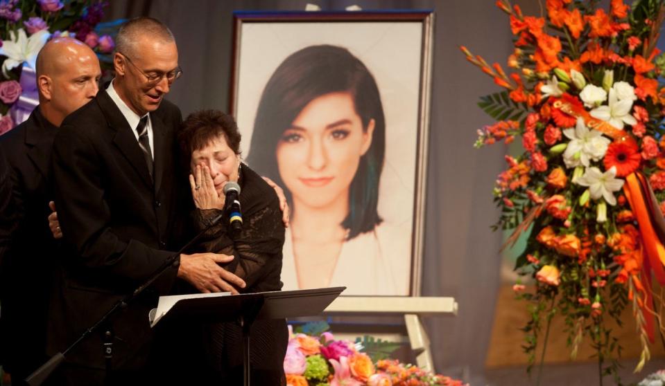 Christina Grimmie’s parents Albert ‘Bud’ Grimmie and Tina Grimmie speak at her memorial service on 17 June 2016 in Medford, New Jersey (Chris Lachell– Pool/Getty Images)