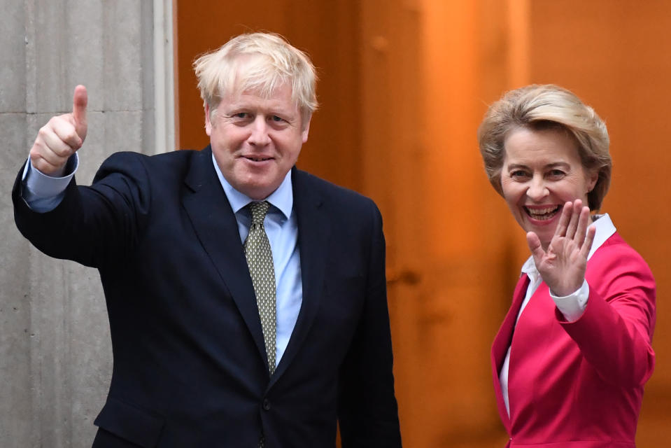 Britain's Prime Minister Boris Johnson greets European Commission President Ursula von der Leyen outside 10 Downing Street in central London on January 8, 2020, ahead of their meeting. - The EU's top official on Wednesday predicted "tough talks" with Britain on the sides' future relations after Brexit enters force after years of delays at the end of the month. "There will be tough talks ahead and each side will do what is best for them," European Council president Ursula von der Leyen said ahead of her first official meeting with Prime Minister Boris Johnson. (Photo by Daniel LEAL-OLIVAS / AFP) (Photo by DANIEL LEAL-OLIVAS/AFP via Getty Images)