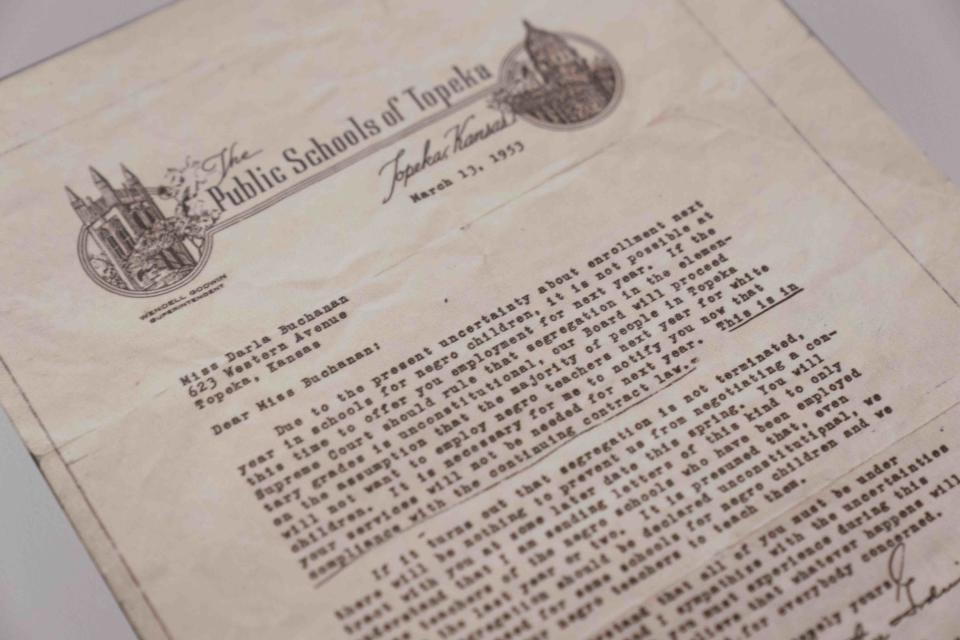 A copy of a letter sent to Miss Darla Buchanan on March 13, 1953, by Topeka Public Schools shows the history of Black teachers being rejected prior to the Brown v. Board of Education ruling.