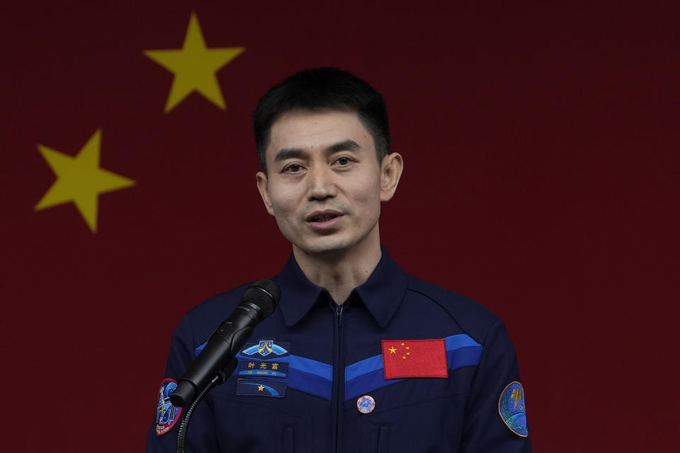 Chinese astronaut for the upcoming Shenzhou-18 mission Ye Guangfu speaks during a meeting with media members at the Jiuquan Satellite Launch Center in northwest China, Wednesday, April 24, 2024. (AP Photo/Andy Wong)