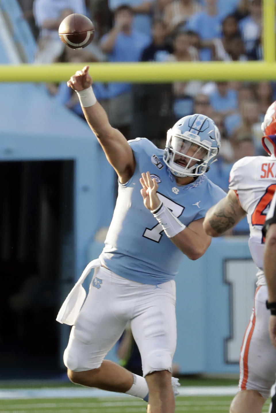 North Carolina's Sam Howell (7) passes during the third quarter of an NCAA college football game against Clemson in Chapel Hill, N.C., Saturday, Sept. 28, 2019. (AP Photo/Chris Seward)