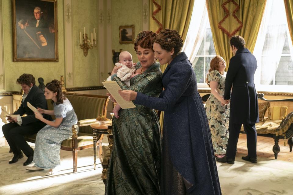 bridgerton l to r lorn macdonald as albion finch, florence hunt as hyacinth bridgerton, polly walker as lady portia featherington, ruth gemmell as lady violet bridgerton, nicola coughlan as penelope featherington, luke newton as colin bridgerton in episode 308 of bridgerton cr liam danielnetflix © 2024