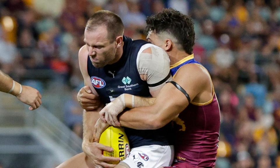 <span>Sam Docherty will miss the rest of the 2024 AFL season after rupturing an ACL during the Opening Round clash against Brisbane. </span><span>Photograph: Russell Freeman/AFL Photos/Getty Images</span>