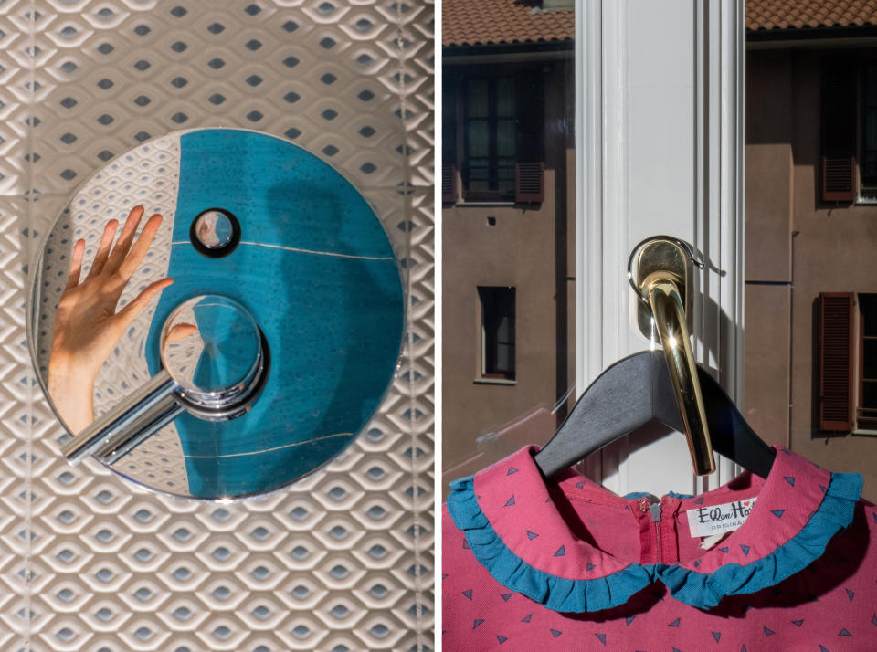 Left: 11:50 A.M. Bathroom details; Right: 12:36 P.M. Detail of a dress on the bedroom window | Lucia Buricelli for TIME