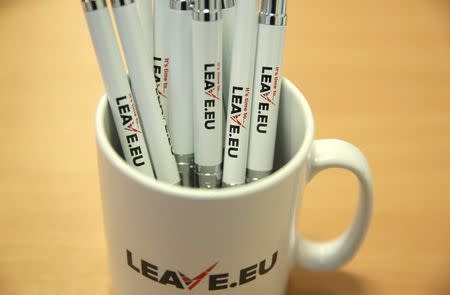 Branded merchandise is seen in the office of pro-Brexit group pressure group "Leave.eu" in London, Britain February 12, 2016. REUTERS/Neil Hall