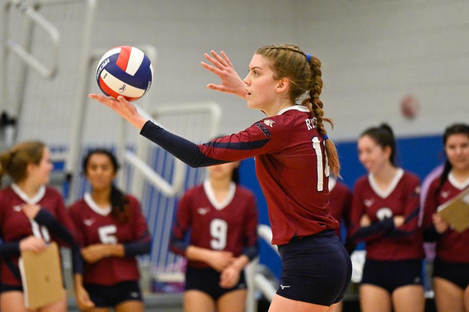 Quinn Anderson of Westborough serves the ball during the Division 2 volleyball state final versus King Philip at Worcester State University on Saturday, Nov. 19, 2022. Westborough defeated King Philip, 3-0, to become the Division 2 girls volleyball state champions.