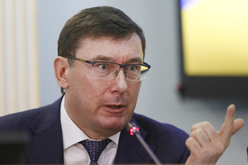 FILE - In this March 12, 2019 file photo, Ukrainian Prosecutor General Yuriy Lutsenko speaks during a briefing at the Central Election Commission in Kiev, Ukraine. U.S. prosecutors in 2019 sought the electronic messages of two ex-Ukrainian government officials and a Ukrainian businessman as part of their probe of Rudolph Giuliani's dealings in that country, a lawyer accidentally revealed in a court filing Tuesday, May 25, 2021. The filing said federal prosecutors in New York had obtained an email account believed to belong to the former prosecutor general of Ukraine, Yuriy Lutsenko.(AP Photo/Efrem Lukatsky, File)