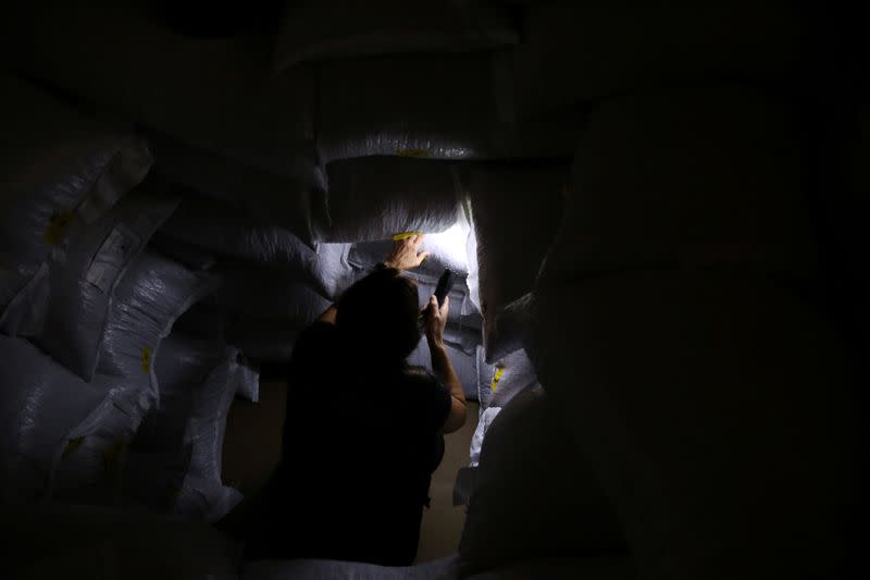 Brazilian custom agent inspects the cargo inside a container going to Europe for smuggled drugs at the Port of Santos in Santos