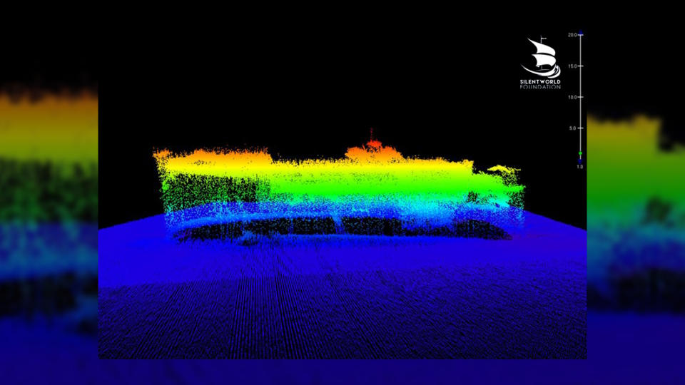 A digital 3D image of the shipwreck on the seafloor.