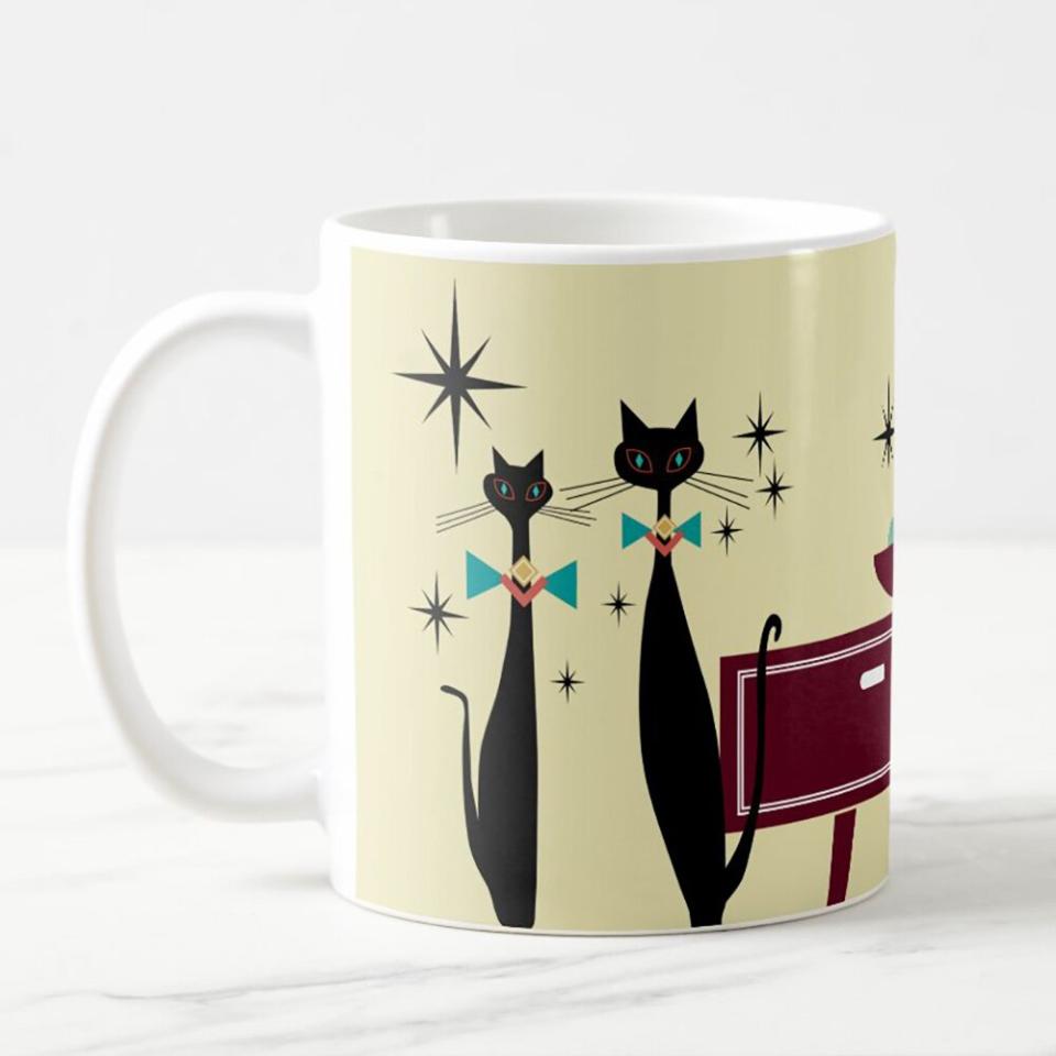 Product photo of a Retro Atomic Era Mid-Century Modern Cool Cat Coffee Mug on a white background