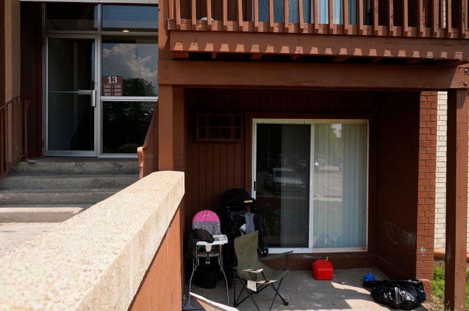 Children’s equipment is seen outside of an apartment where Rashad Trice, 26, is a suspect in the disappearance of Wynter Cole-Smith, 2, on Sunday night after he was charged with stabbing and assaulting her mother at their home in the 3000 block of BeauJardin Drive in the Towne Square Apartments and Townhomes in Lansing. Wynter was found deceased in Detroit on Wednesday, July 5, 2023.