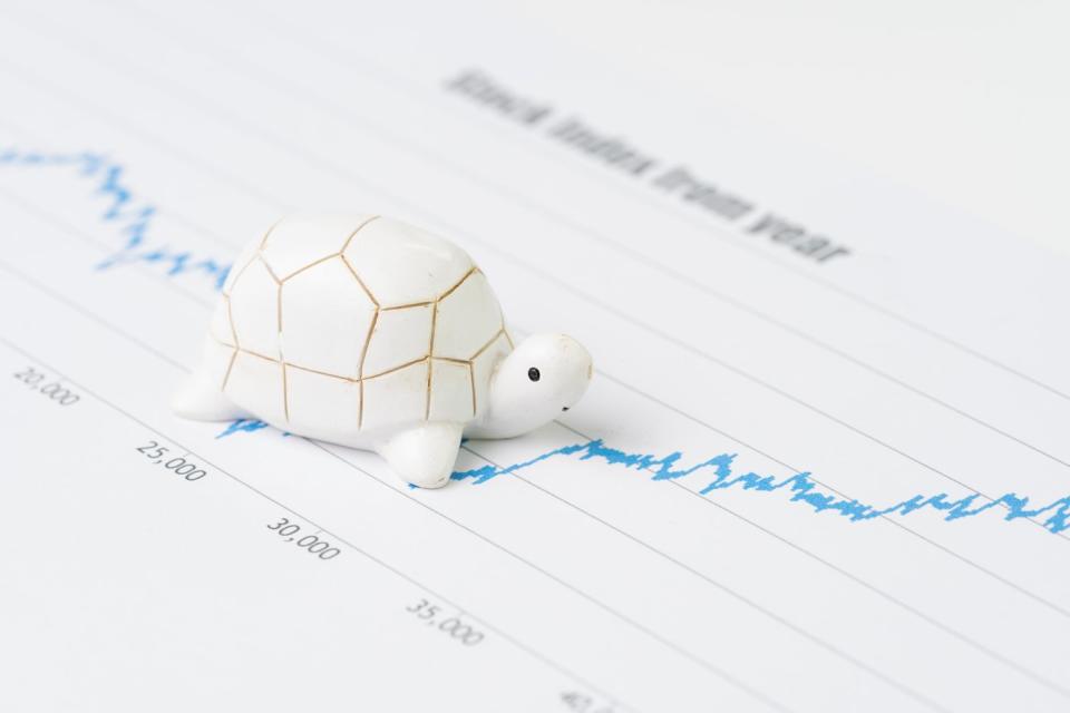 A tortoise statue placed on top of a stock chart.