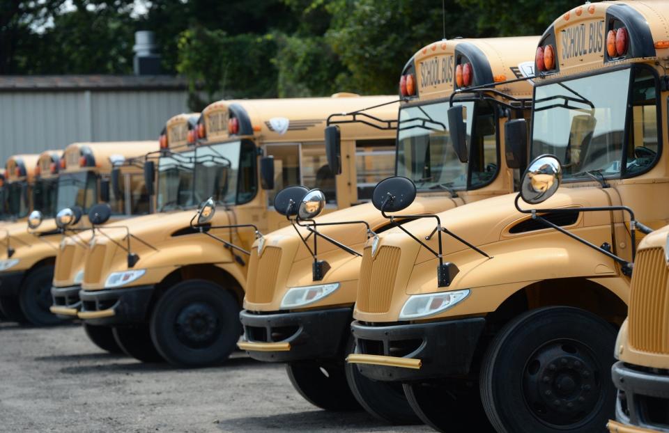 The Millcreek Township School District bus fleet is shown at the First Student lot in Millcreek Township in this 2017 file photo. Buses have been on the roads to McDowell High School a little later in the day since the district delayed school start times last fall. [FILE PHOTO/ERIE TIMES-NEWS]