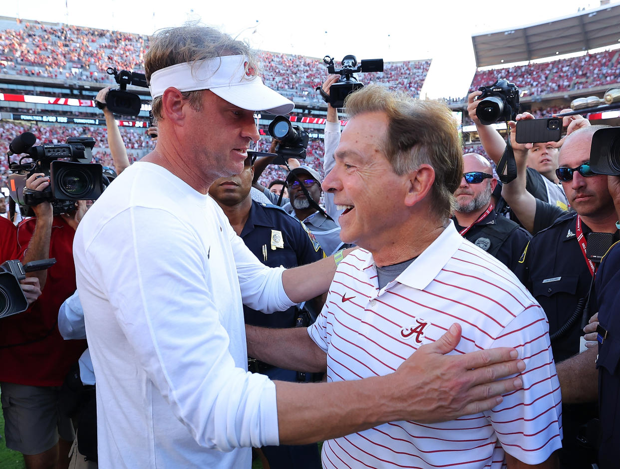 TUSCALOOSA, ALABAMA - SEPTEMBER 23:  Head coach Nick Saban of the Alabama Crimson Tide converses with head coach Lane Kiffin of the Mississippi Rebels after their 24-10 win at Bryant-Denny Stadium on September 23, 2023 in Tuscaloosa, Alabama. (Photo by Kevin C. Cox/Getty Images)