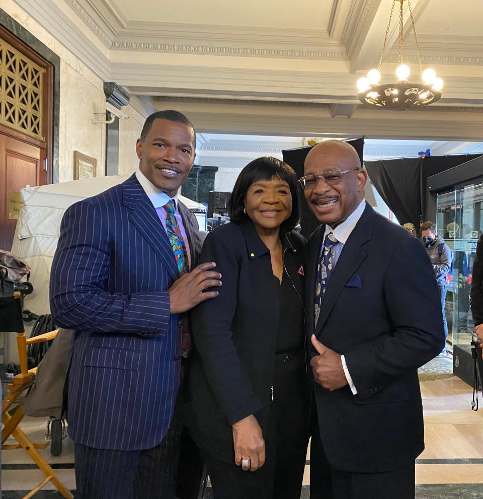 Actor Jamie Foxx on the set of the Amazon Studios movie “The Burial” with Stuart attorney Willie Gary and his wife, Gloria Gary, in New Orleans, Louisiana.