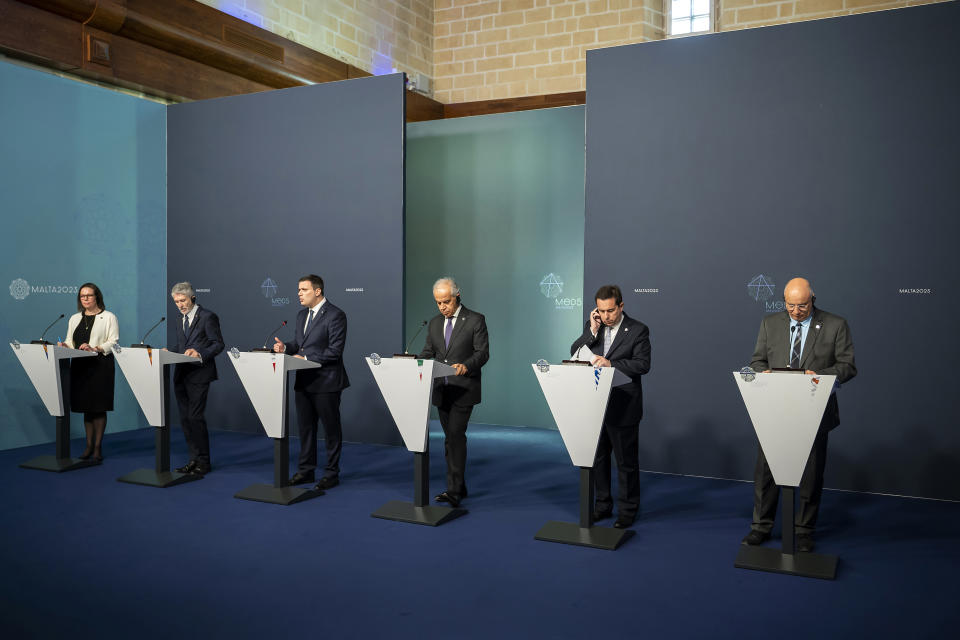 From left, Sweden's Ministry of Justice Maria Malmer Stenergard, Spain's Interior Minister Fernando Grande-Marlaska, Minister for Home Affairs and Security of Malta Byron Camilleri, Italy's Interior Minister Matteo Piantedosi, Greece's Minister of Migration Notis Mitarachi, and Ministry of Interior of the Republic of Cyprus Costas Constantinou hold a press conference at the MED 5 conference held in Valletta, Malta, Saturday, March 4, 2023. (AP Photo/Rene Rossignaud)