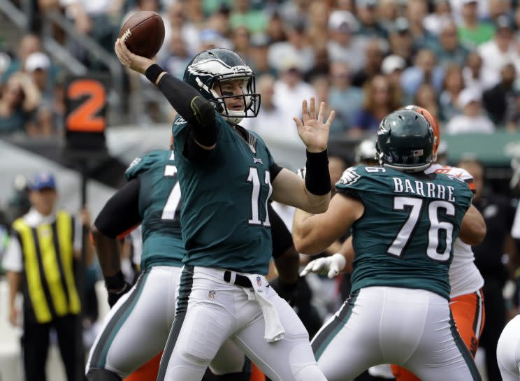 Carson Wentz had 278 yards and two touchdowns in his debut (AP)