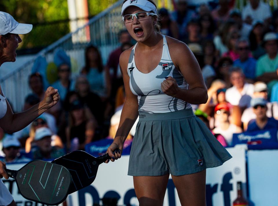 Leigh and Anna Leigh Waters, right, celebrate a point during the women's pro doubles finals at the Minto US Open Pickleball Championships in Naples on April 20, 2024. The mother-daughter team beat Simone Jardim and Allison Harris.