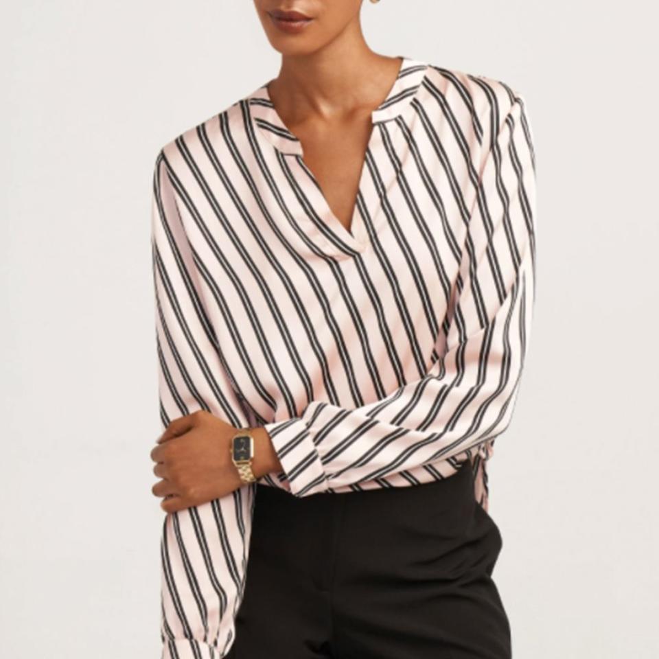 11) Bias Stripe Split Neck Long Sleeve Blouse