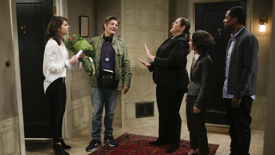 The cast of <em>Living Biblically</em>: Lindsey Kraft as Lesley, Jay R. Ferguson as Chip, Camryn Manheim as Ms. Meadows, Sara Gilbert as Cheryl, and Tony Rock as Vince. (Photo: Sonja Flemming/CBS)