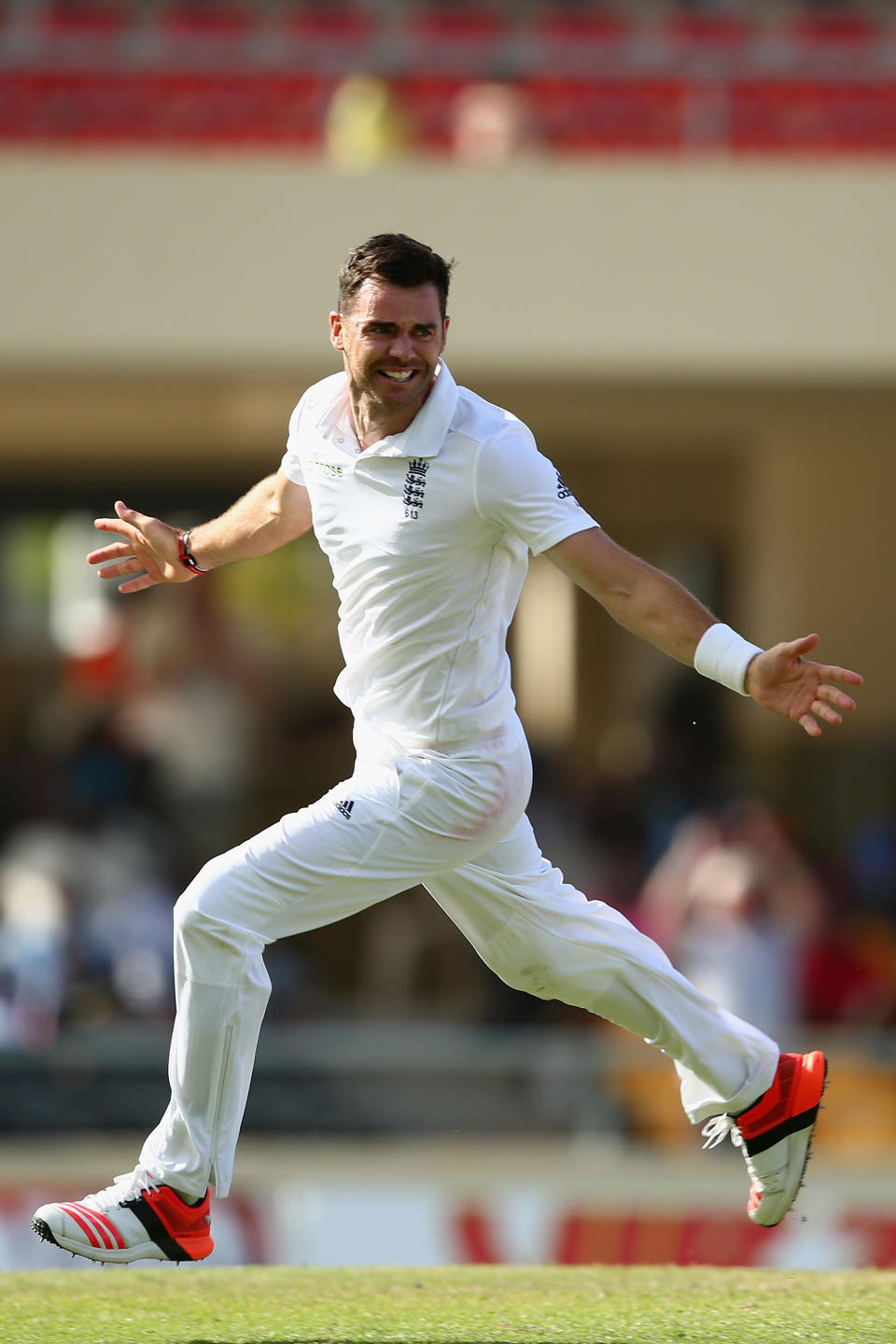 <p>James Anderson of England claims the wicket of Denesh Ramdin to pass Ian Botham’s record of 383 in April 2015 </p>
