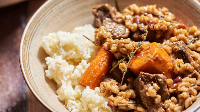 bowl of stew and potatoes