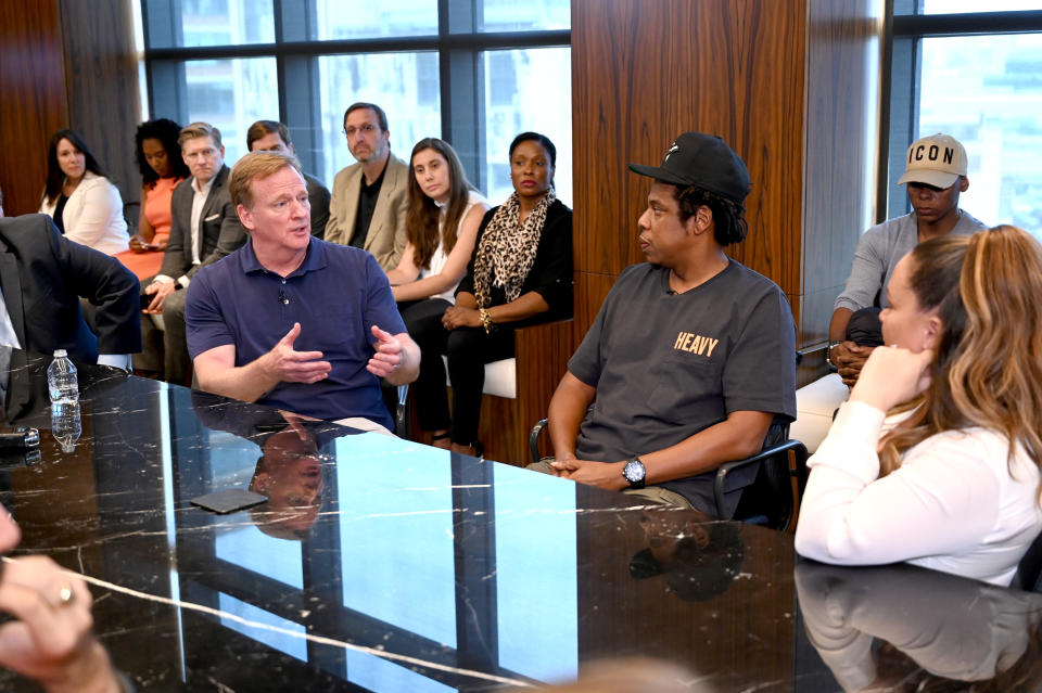 NEW YORK, NEW YORK - AUGUST 14:  NFL Commissioner Roger Goodell and Jay Z at the Roc Nation and NFL Partnership Announcement at Roc Nation on August 14, 2019 in New York City. (Photo by Kevin Mazur/Getty Images for Roc Nation)