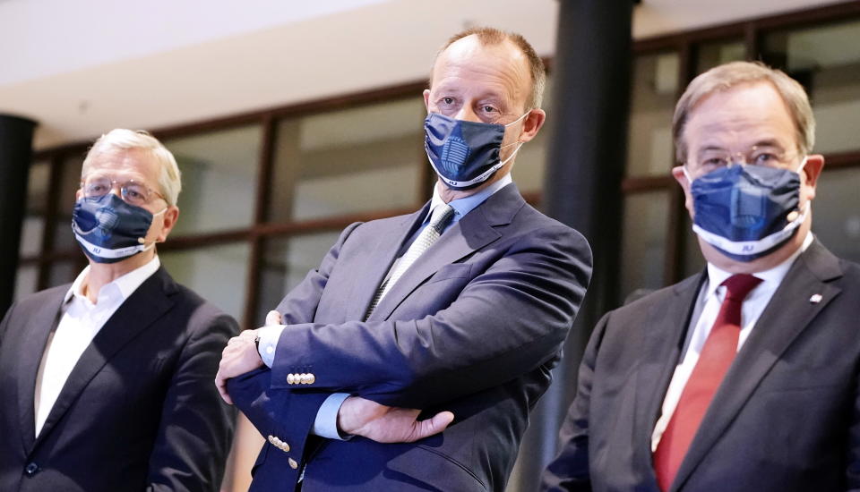 Candidates for the future leadership of Germany's Christian Democratic Union (CDU) Norbert Roettgen, Friedrich Merz and Armin Laschet wait before a virtual debate at the conservative CDU's youth organization Junge Union in Berlin, Germany, October 17, 2020.     Michael Kappeler/Pool via REUTERS