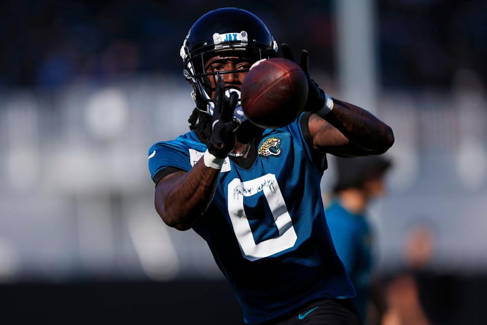 Jacksonville Jaguars wide receiver Calvin Ridley (0) catches a pass Wednesday, July 26, 2023 at Miller Electric Center at EverBank Stadium in Jacksonville, Fla. Today marked the first day of training camp for the Jacksonville Jaguars. 