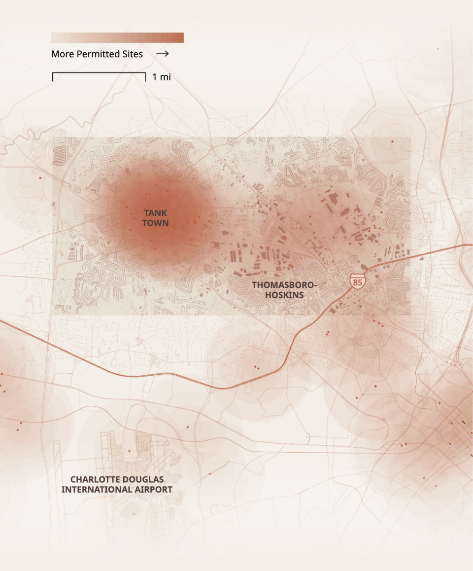 Density map of permitted pollution sites near Tank Town in Mecklenburg County