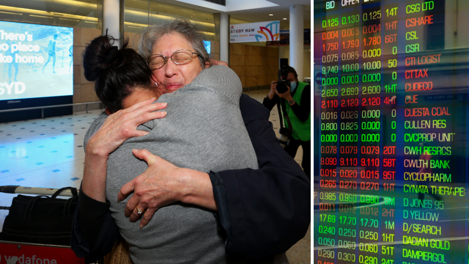 Reunited loved ones hug at Sydney airport and the ASX board.