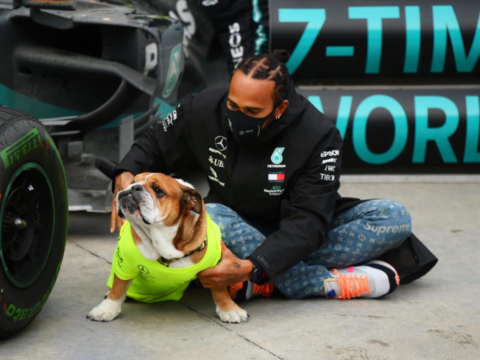 Lewis Hamilton with his dog Roscoe