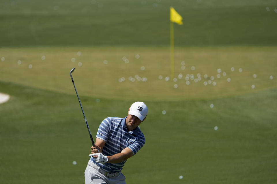 Jordan Spieth works on the range during a practice day for the Masters golf tournament on Monday, April 5, 2021, in Augusta, Ga. (AP Photo/David J. Phillip)