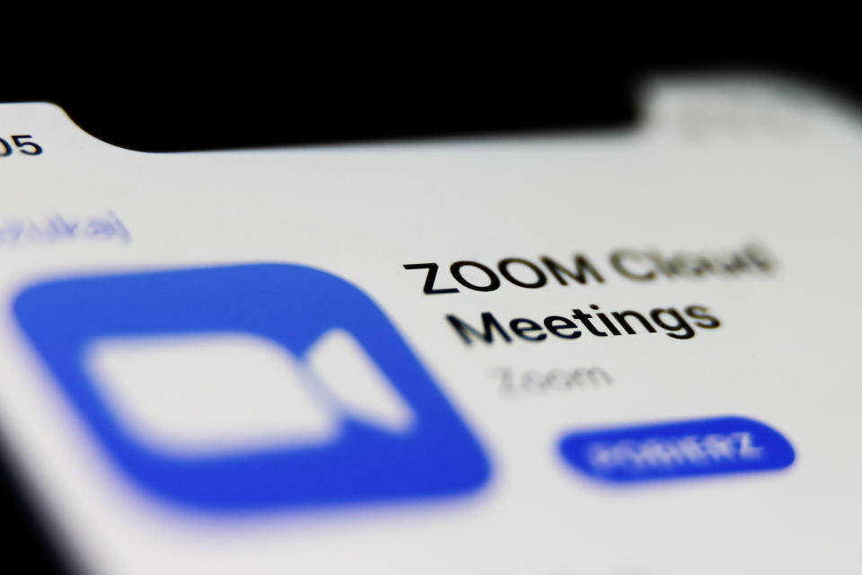 Zoom app logo is seen displayed on phone screen in this illustration photo taken in Poland on July 23, 2020. Video meeting apps gained popularity during the coronavirus pandemic.
 (Photo illustration by Jakub Porzycki/NurPhoto via Getty Images)