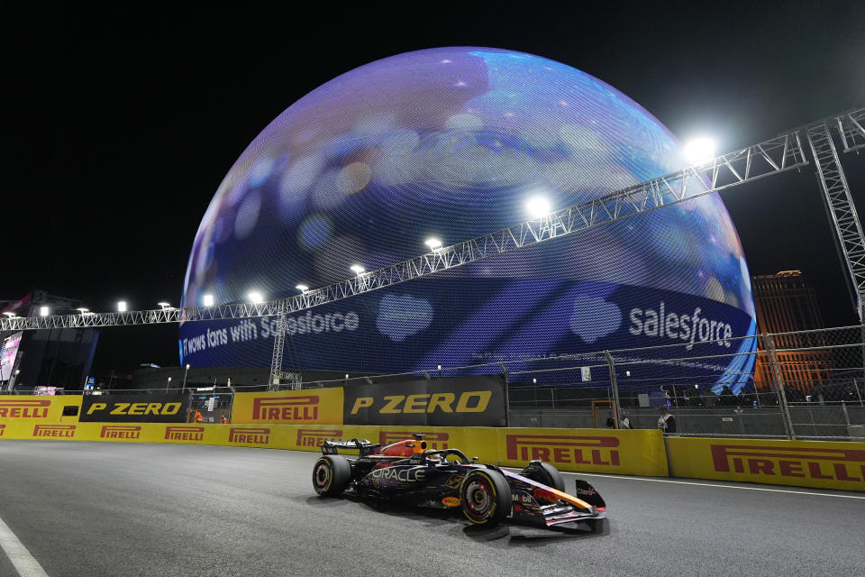 Red Bull driver Max Verstappen, of the Netherlands, leads the race during the Formula One Las Vegas Grand Prix auto race, Saturday, Nov. 18, 2023, in Las Vegas. (AP Photo/Nick Didlick)