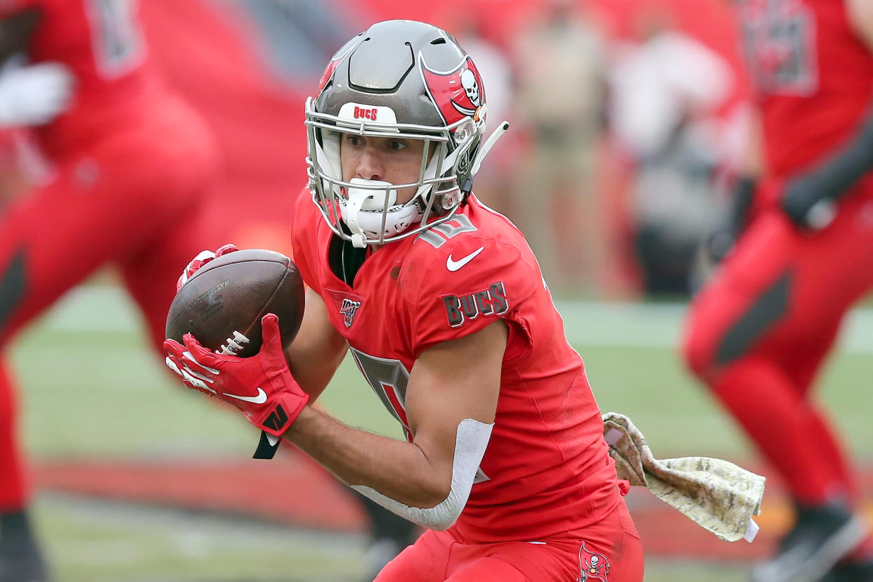 TAMPA, FL - NOV 17: Scotty Miller (10) of the Bucs turns after making a catch during the regular season game between the New Orleans Saints and the Tampa Bay Buccaneers on November 17, 2019 at Raymond James Stadium in Tampa, Florida. (Photo by Cliff Welch/Icon Sportswire via Getty Images)