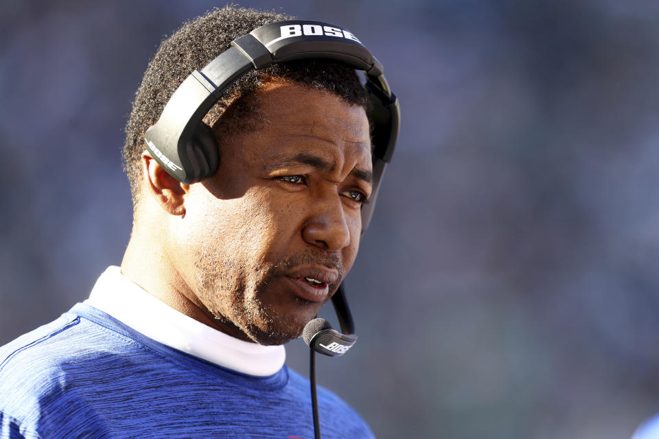 FILE - Then-New York Giants defensive coordinator Patrick Graham on the sidelines during an NFL football game against the Philadelphia Eagles, Sunday, Dec. 26, 2021, in Philadelphia. Chicago Bears offensive coordinator Luke Getsy and Las Vegas Raiders defensive coordinator Patrick Graham will serve as Senior Bowl head coaches. The Senior Bowl said Wednesday, Jan. 18, 2023, that Getsy will coach the American team and Graham the National team in the Feb. 4 showcase game for senior and graduate NFL prospects.(AP Photo/Rich Schultz, File)