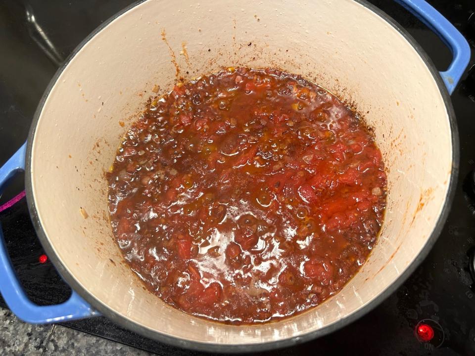 Simmering the sauce for Ina Garten's weeknight pasta