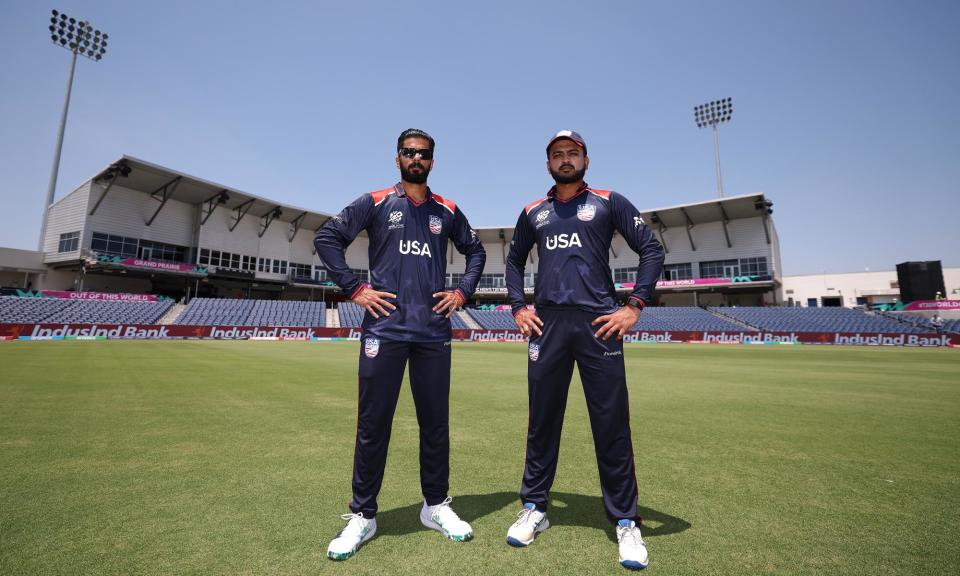 <span>USA swing bowler Ali Khan and wicketkeeper-batter Monank Patel at Grand Prairie Cricket Stadium, which will host their side’s match against Canada in Sunday’s World Cup opener.</span><span>Photograph: Robert Cianflone/Getty Images</span>