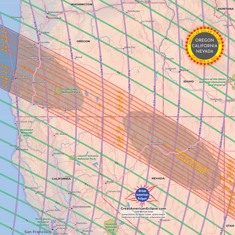 This map shows the "path of annularity" — the path where people can see the annular "ring of fire" solar eclipse on the morning of Oct. 14.