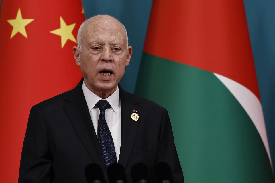 Tunisian President Kais Saied delivers a speech at the opening ceremony of the 10th ministerial meeting of the China-Arab States Cooperation Forum at the Diaoyutai State Guesthouse in Beijing Thursday, May 30, 2024. (Tingshu Wang/Pool Photo via AP)