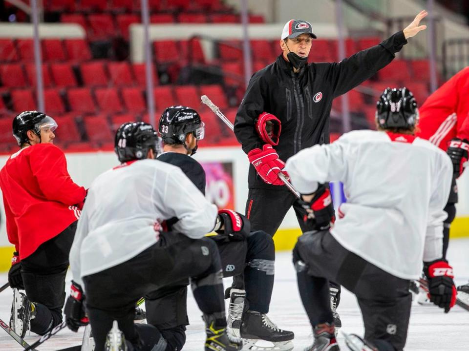 Carolina Hurricanes’ coach Rod Brind’Amour works with his players during their practice on Saturday, May 15, 2021 at PNC Arena in Raleigh, N.C. The Hurricanes are preparing for their opening round Stanley Cup playoff series against Nashville.