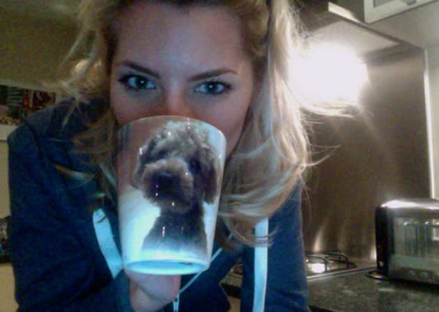 Celebrity photos: The Saturdays’ Mollie King tweeted an image of herself drinking from a mug with a picture of her dog, Alfie, on it. Too cute!