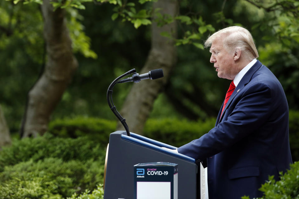 President Donald Trump speaks about the coronavirus during a press briefing in the Rose Garden of the White House, Monday, May 11, 2020, in Washington. (AP Photo/Alex Brandon)