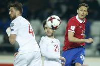 Football Soccer - Georgia v Serbia - World Cup 2018 Qualifiers - Group D - Boris Paichadze Dinamo Arena,Tbilisi, Georgia - 24/3/17. Serbia's Nemanja Matic in action against Georgia's Guram Kashia and Otar Kakabadze. REUTERS/David Mdzinarishvili