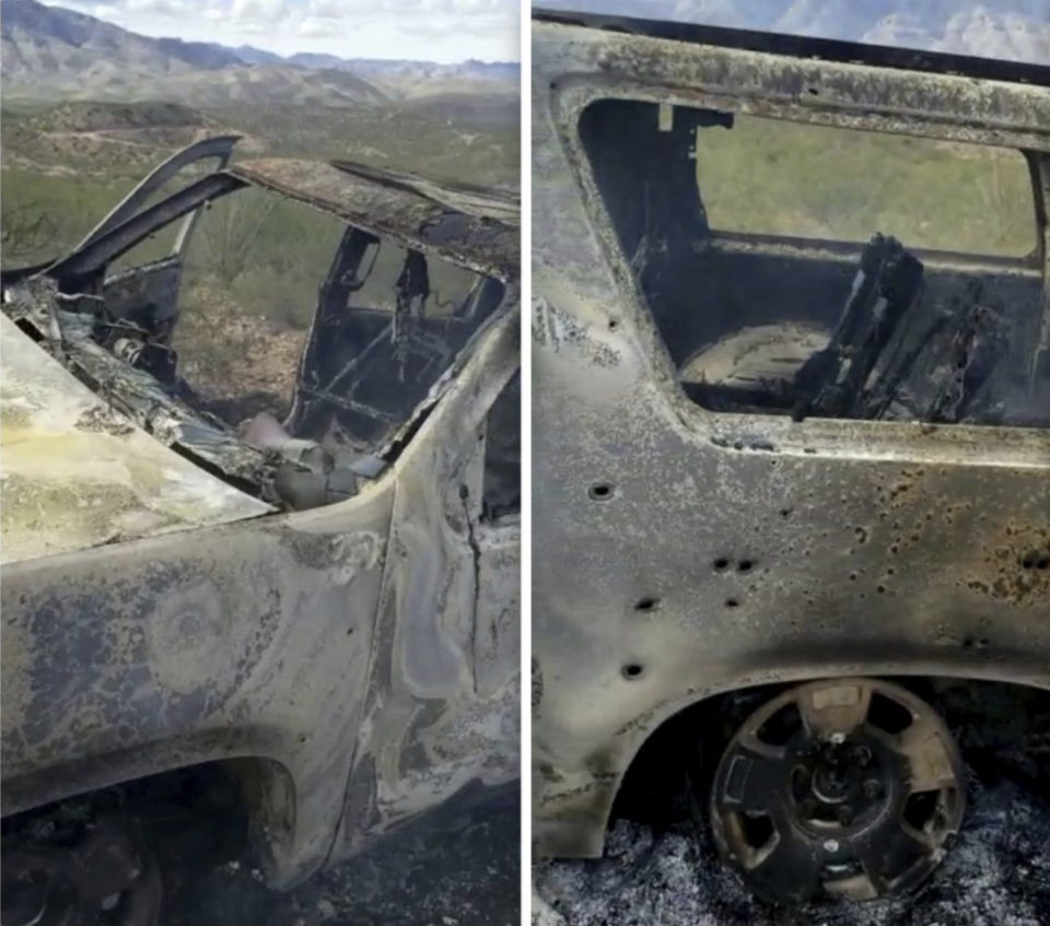 One of the burnt cars driven by the mums, seen riddled with bullets after the attack. Source: Alex LeBaron via AAP