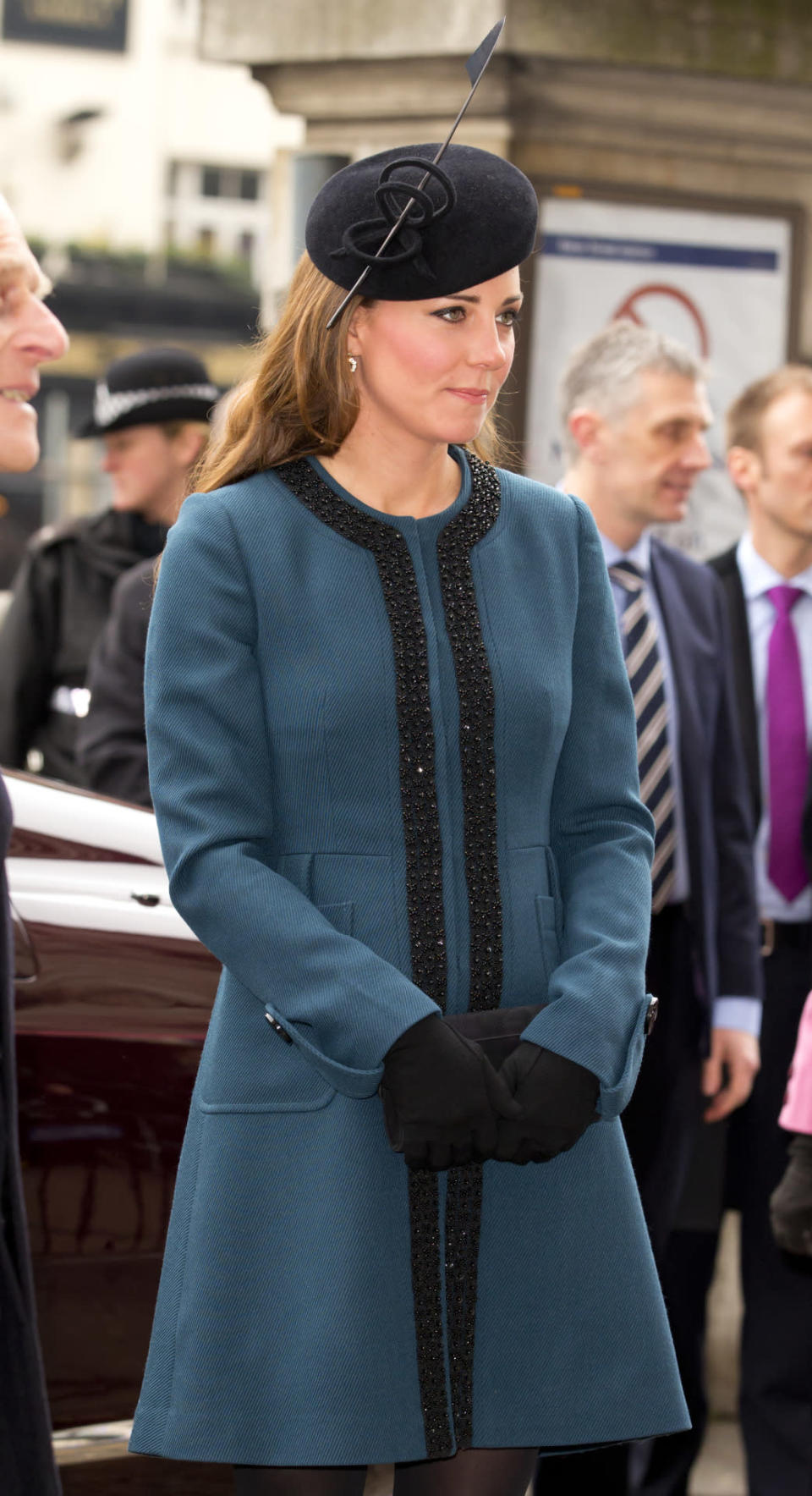 Marking the 150th anniversary of the London Underground, Middleton wore a teal coat topped with a fascinator from Whiteley Hat Company.