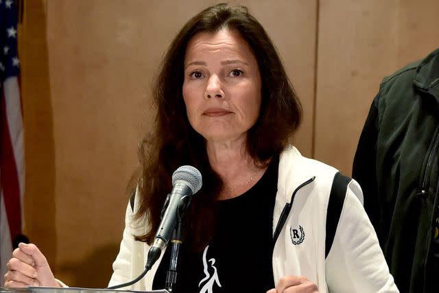 <p>CHRIS DELMAS/AFP via Getty </p> SAG-AFTRA President Fran Drescher speaks during a press conference at the labor union's headquarters in Los Angeles on July 13, 2023