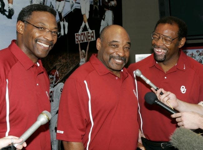 Lee Roy Selmon, Lucious Selmon and Dewey Selmon talk to reporters at the Switzer Center in 2005. A statue of the former OU defensive linemen will be unveiled on Sept. 24 before the Sooners' game against Kansas State.